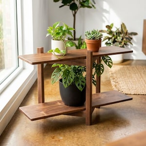 May include: A two-tiered wooden plant stand with a dark brown finish, featuring two horizontal shelves supported by vertical legs. The stand holds a white textured pot, a terracotta pot, and a black pot, each containing a green houseplant.