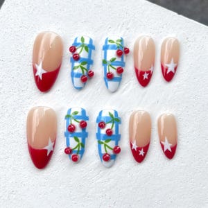 4th of July Press On Nails  Red French Tip Cherry Nails  Picnic Nail Art  Summer Patriotic Nails  Reusable Fake Nails Set