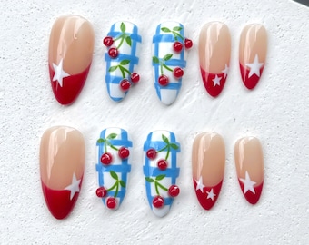 Uñas postizas reutilizables con diseño de cereza, con punta francesa roja, para el 4 de julio, estilo picnic, patriótico de verano
