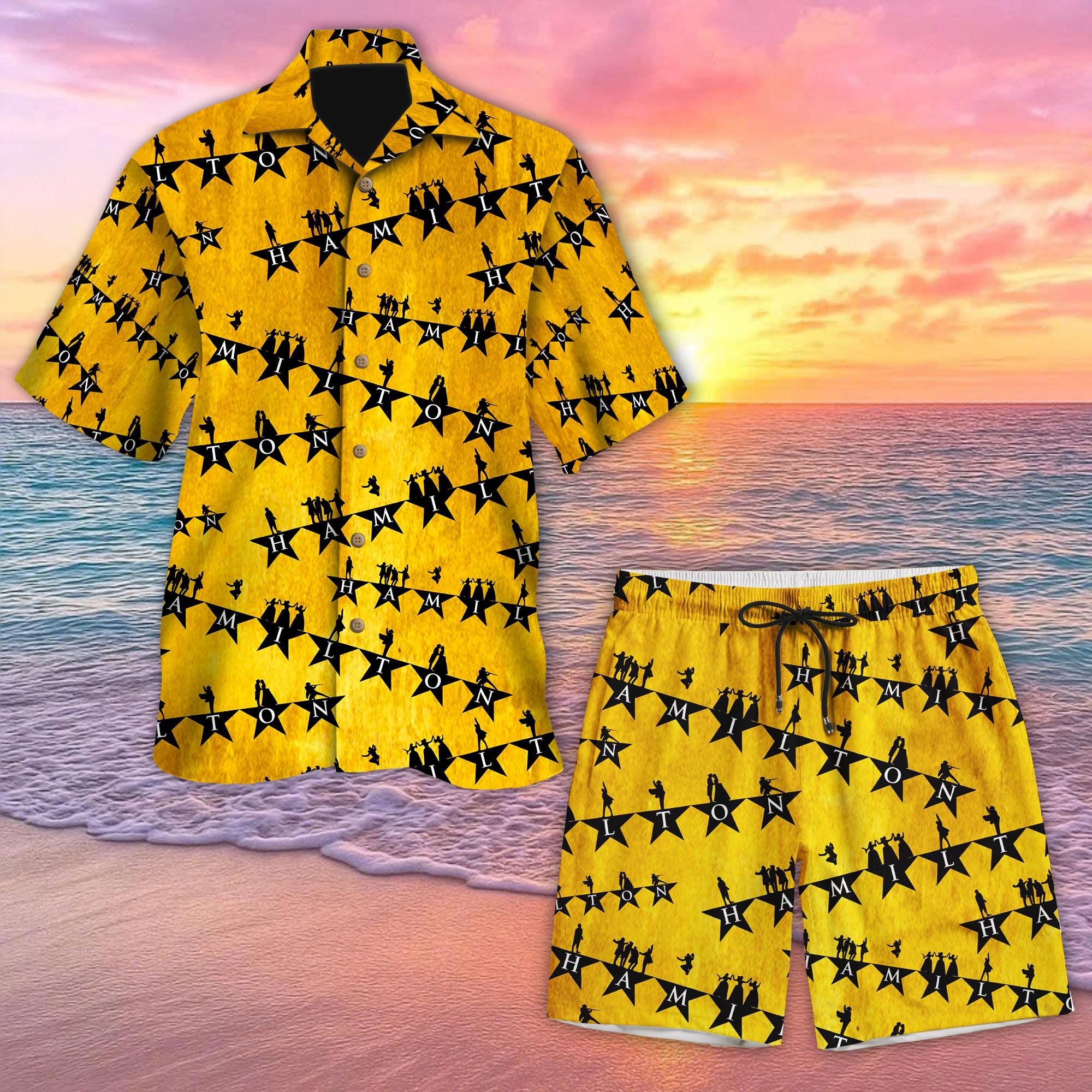 Discover Hamil-ton Musical Hawaiian Shirt and Short, Broadway Theater Button Up, Musical Fan Gift, Summer Vacation Shirt, Musical Beach Outfit