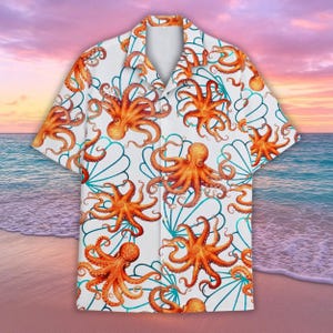 Orange Octopus Hawaiian Shirt Shorts, Ocean Tropical Tee, Sea Creature Shirt, Nautical Octopus Shirt, Summer Vacation Shirt for Men Women