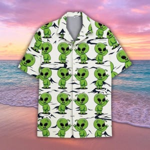 Süßes Alien Hawaiihemd für Männer Frauen, lustiges Alien Button Down Shirt, Sommerferien T-Shirt, Weltraum Thema Kleidung