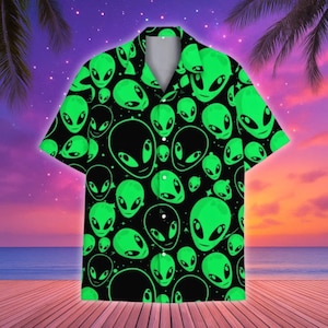 Neon Alien Hawaiihemd für Männer Frauen, UFO Alien Knopfhemd, Geschenk für Weltraumliebhaber, Sommer-Strandparty-T-Shirt