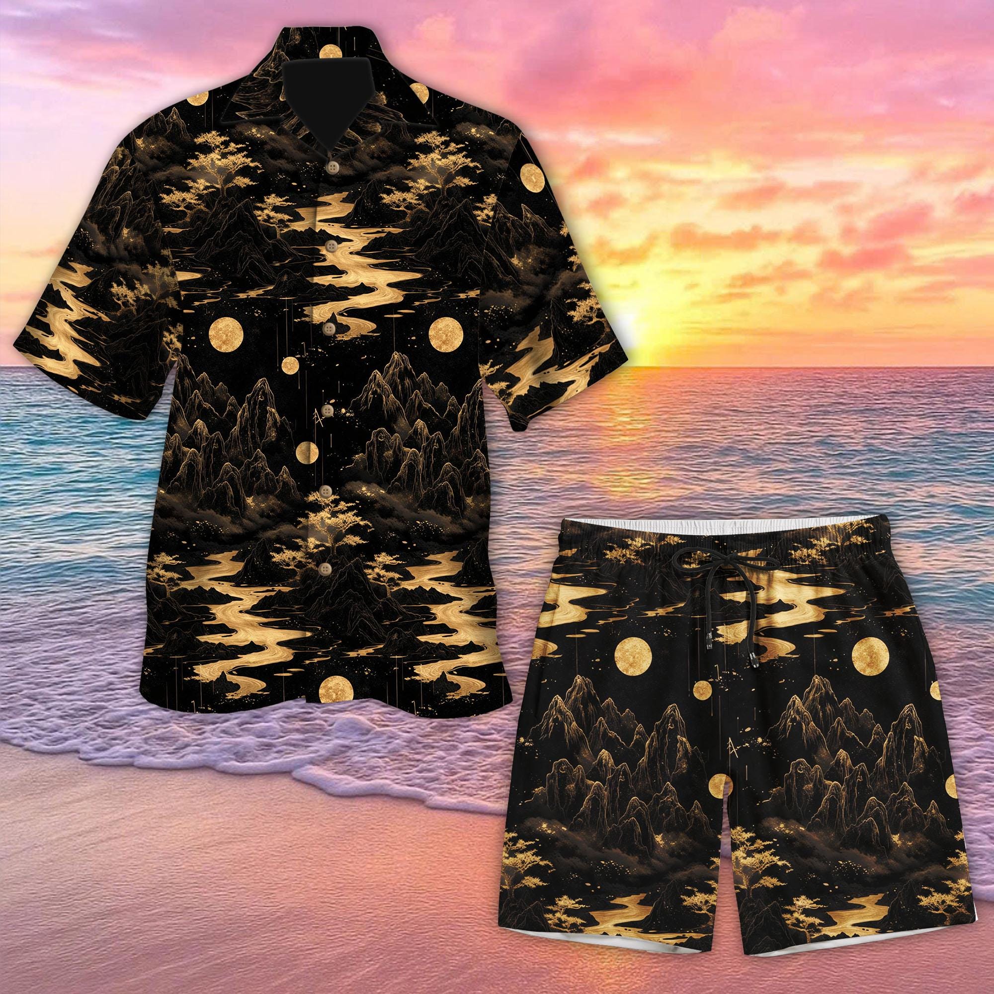Discover Golden Oriental Landscape Hawaiian Shirt and Short, Asian Fantasy Button Up, Black Gold Mountain Moon Pattern, Gift for Men
