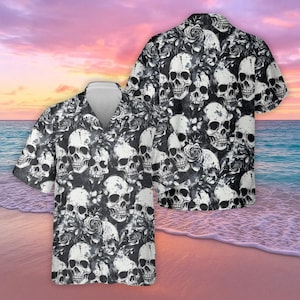 Rose Flower Skull Hawaiian Shirt, Black And White Pattern Button Shirt, Horror Aloha Tee, Summer Vacation Apparel, Outdoor Clothing