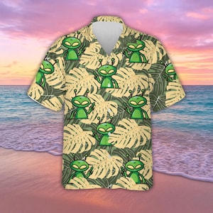UFO Aliens Hawaiian Shirts for Men Women,  Green Aliens Button Down Floral Short Sleeve Beach Shirt