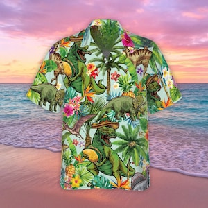 Dinosaur Tropical Hawaiian Shirts, Dinosaur Summer Beach Shirt, Trex Button Down Short Sleeve Shirt, Summer Aloha Shirt for Dinosaur Lovers