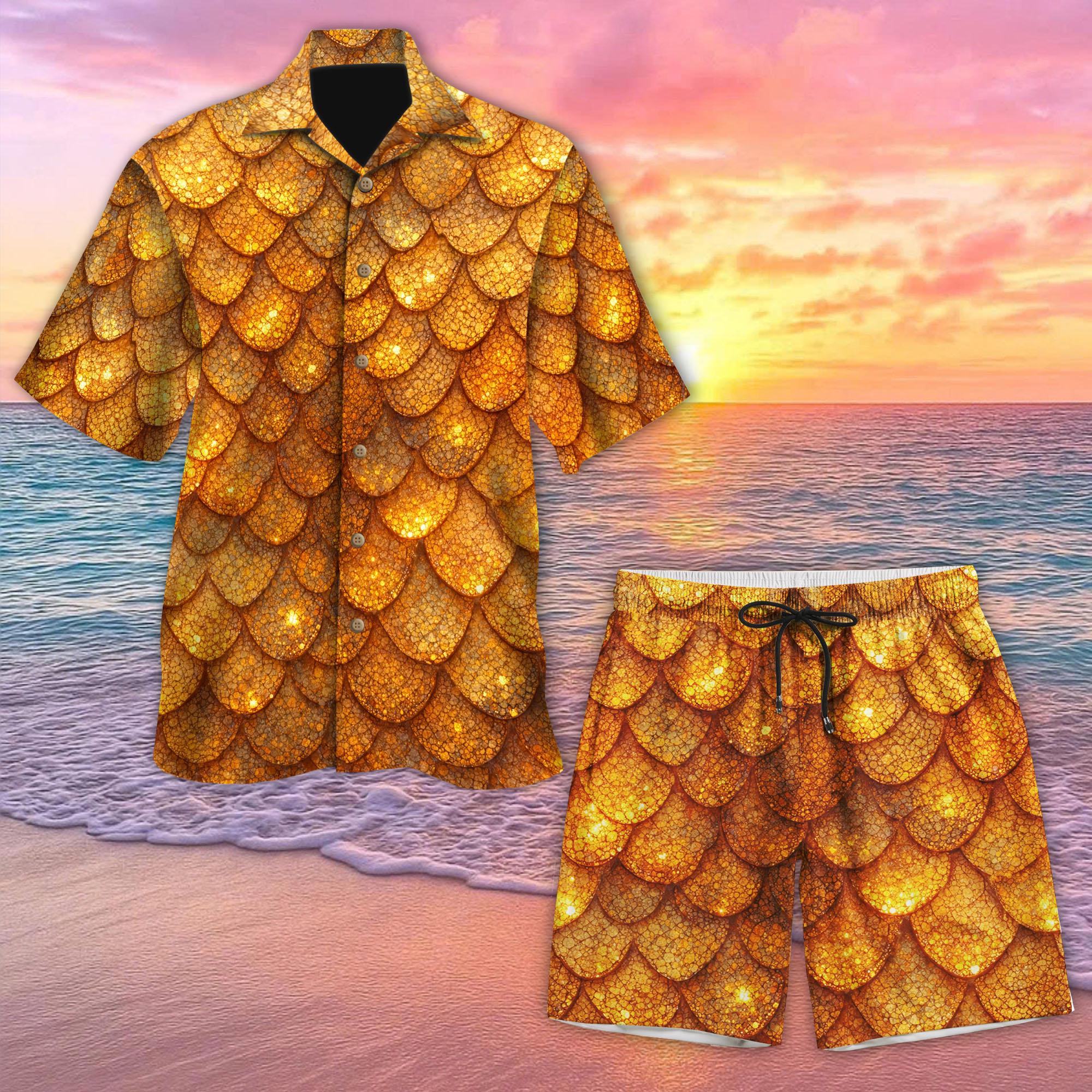 Discover Golden Dragon Scale Hawaiian Shirt and Short, Mythical Scale Pattern Shirt, Gift for Dragon Lovers, Fantasy Fan Gift