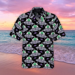 Retro Alien auf Raumschiff Hawaiihemd, Aliens Button Shirts für Männer Frauen, UFO Tropical Tee, Strand Outfit, Sommer Party Geschenk