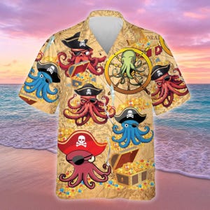 Octopus Pirate Hawaiian Shirt, Funny Tropical Shirt, Ocean Aloha Shirt, Sea Creature, Summer Vacation Beach Tee, Shirt for Men Women