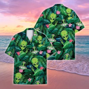 Funny Alien Tropical Hawaiian Shirts for Men Women, Alien UFO Short ...