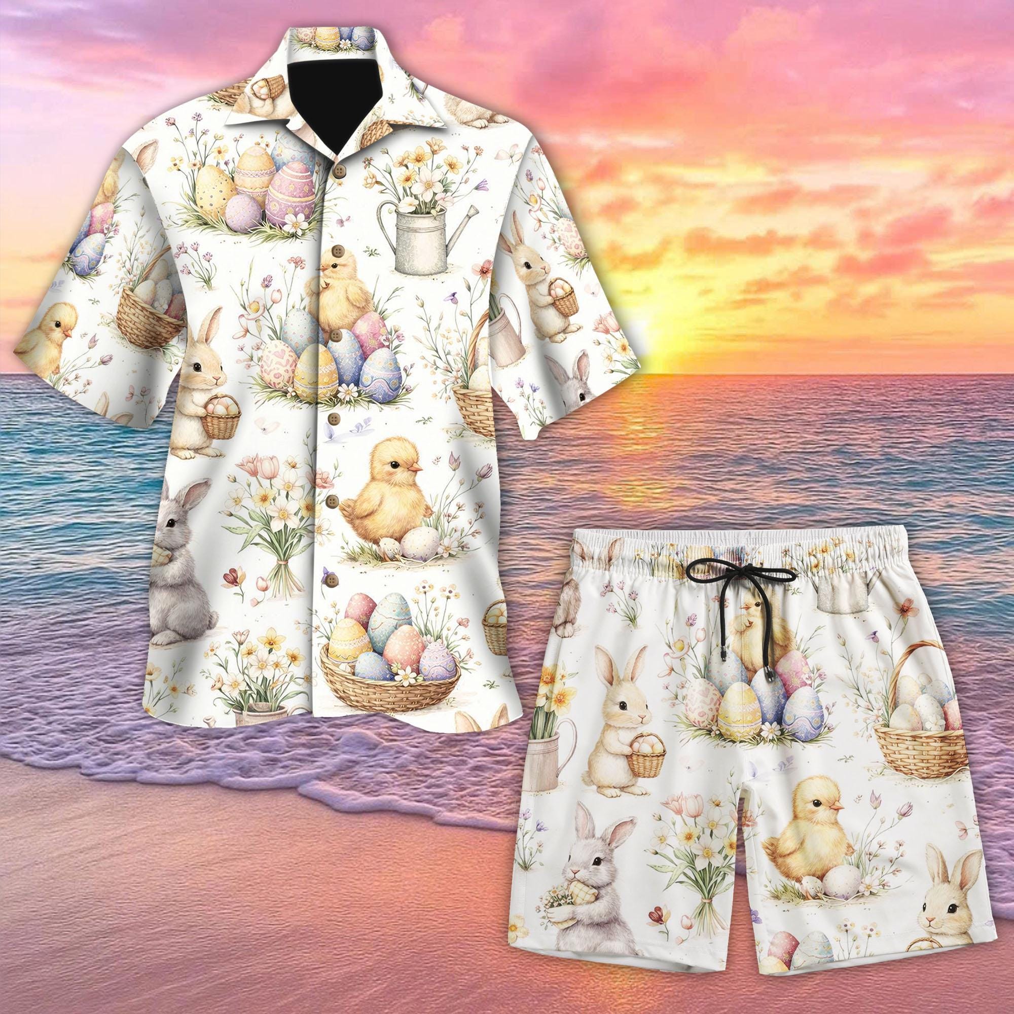 Discover Easter Bunny Hawaiian Shirt and Short, Cute Chick and Easter Eggs Shirt, Spring Bunny Button Up, Vintage Easter Shirt, Gift for Easter Lovers