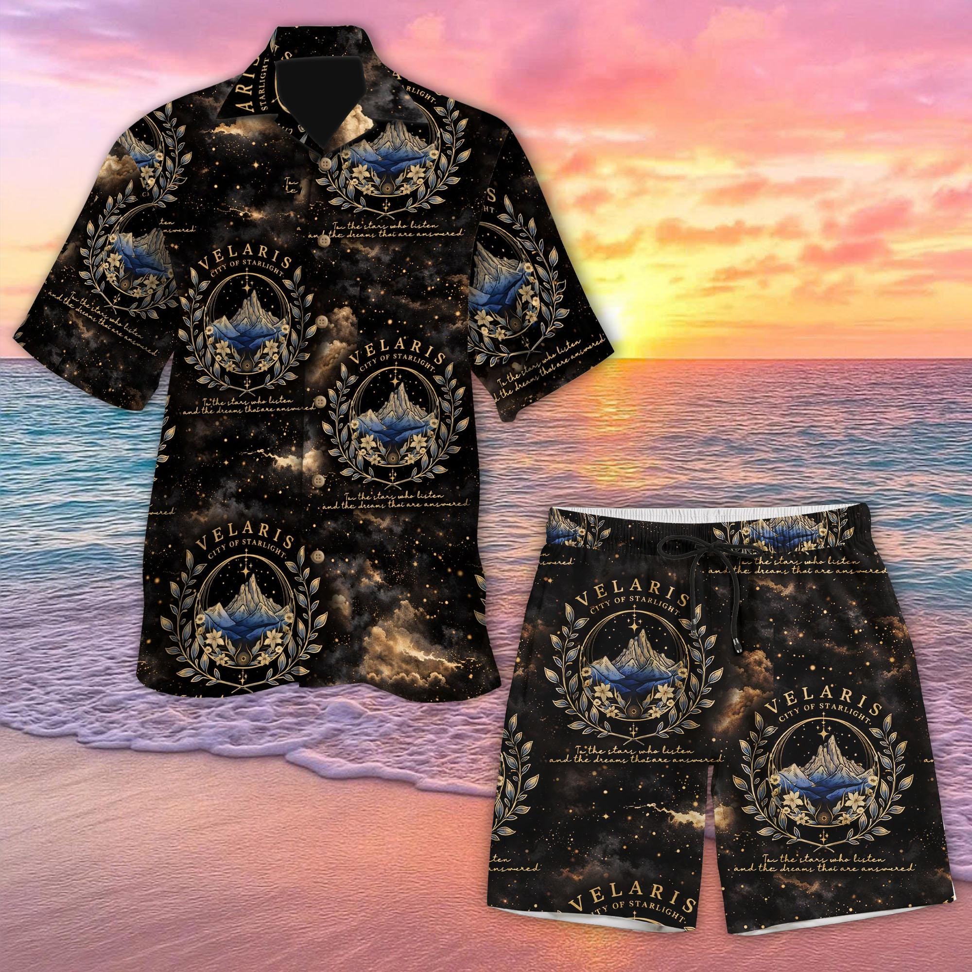 Discover Velaris City of Starlight Hawaiian Shirt and Short, Acotar Fantasy Book Button Up, Starry Night Mythical Aloha Tee, Book Lover Gift