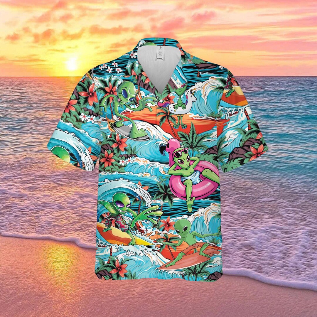 Alien Surf Hawaiian Shirt, Tropical Beach Button Up, Funny Alien ...