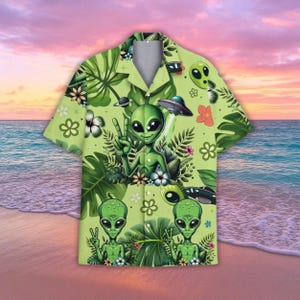Aliens Hawaii-Hemden für Männer Frauen, UFO Tropisches T-Shirt, Aliens Button Down, süße Männer Shorts, Weltraum-Liebhaber-Shirt, Strandoutfit