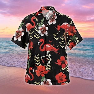 Flamingo Floral Hawaiian Shirt, Animal Button Shirt, Summer Vacation Beach Outfit, Bird Lovers Shirt, Animal Tropical Shirt Men Women