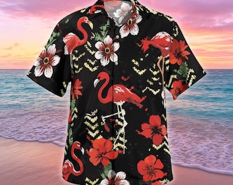 Flamingo Floral Hawaiian Shirt, Animal Button Shirt, Summer Vacation Beach Outfit, Bird Lovers Shirt, Animal Tropical Shirt Men Women