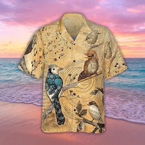 Vintage Bird Hawaiian Shirt, Music Button Shirt, Animal Shirt, Aloha Summer Beach Shirt, Bird Lover Shirt, Tropical Vacation Outfit