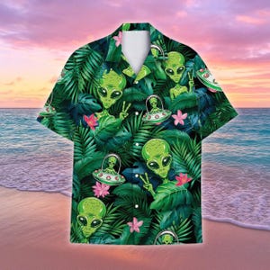 Lustiges Alien Tropical Hawaiihemd für Männer Frauen, Alien UFO Kurzarm Button-Down-Shirt, UFO-Weltraum Kleidung