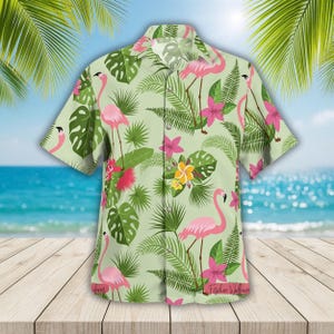 Flamingo Palm Leaf Hawaiian Shirt, Flamingo Tropical Shirt, Bird Button Shirt, Short For Men, Summer Vacation Outfit, Natural Lovers Tee