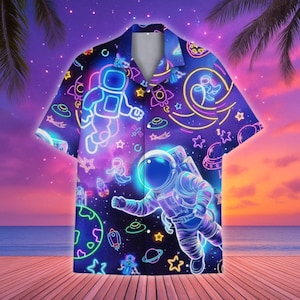 Neon Astronaut Hawaiian Shirt For Men Women, Space Button Shirt, Gift for Universe Lovers, Summer Vibes Shirt