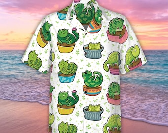 Cactus Cats Hawaiian Shirt, Cute Summer Holiday Outfit for Men and Women, Cat Lovers Button Up Shirt, Beach Vacation Outfit