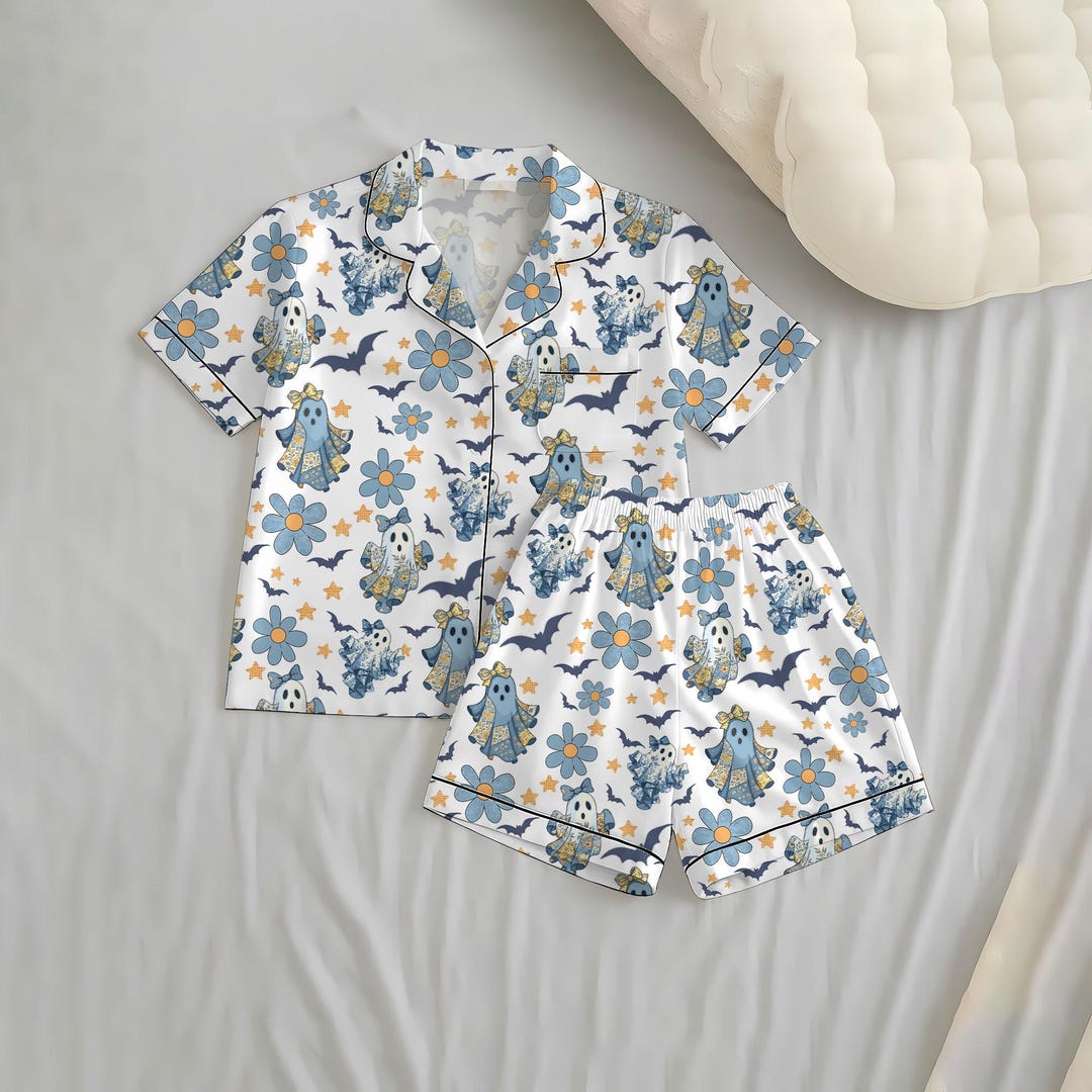 Ghost Sleep Robe Halloween Blue Ghost and Flower Short Pajamas Set, Halloween Girl Ghost ...