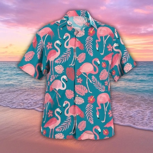 Flamingo Tropical Hawaiian Shirt, Flamingo Palm Leaf Print Shirt, Summer Beach Outfit, Bird Short Sleeve Shirt, Aloha Shirt Men Women