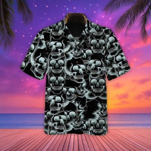 Halloween Skull Pattern Hawaiian Shirt, Skull Art Aloha Tee, Short Sleeve Button Down, Outdoor Costume, Summer Vacation Shirt