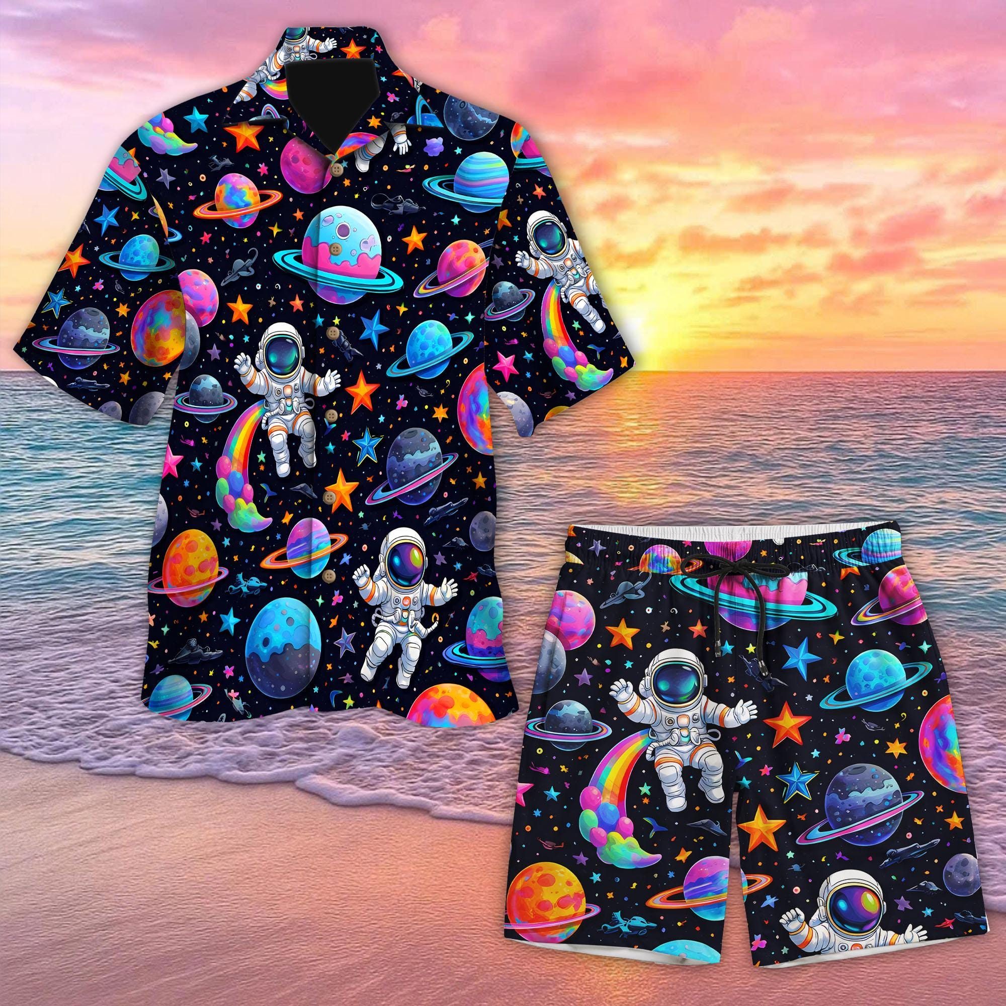 Discover Astronaut Space Hawaiian Shirt and Short, Galaxy Button Up, Vibrant Aloha Shirt, Gift for Space Astronaut Lovers, Summer Vacation Shirt