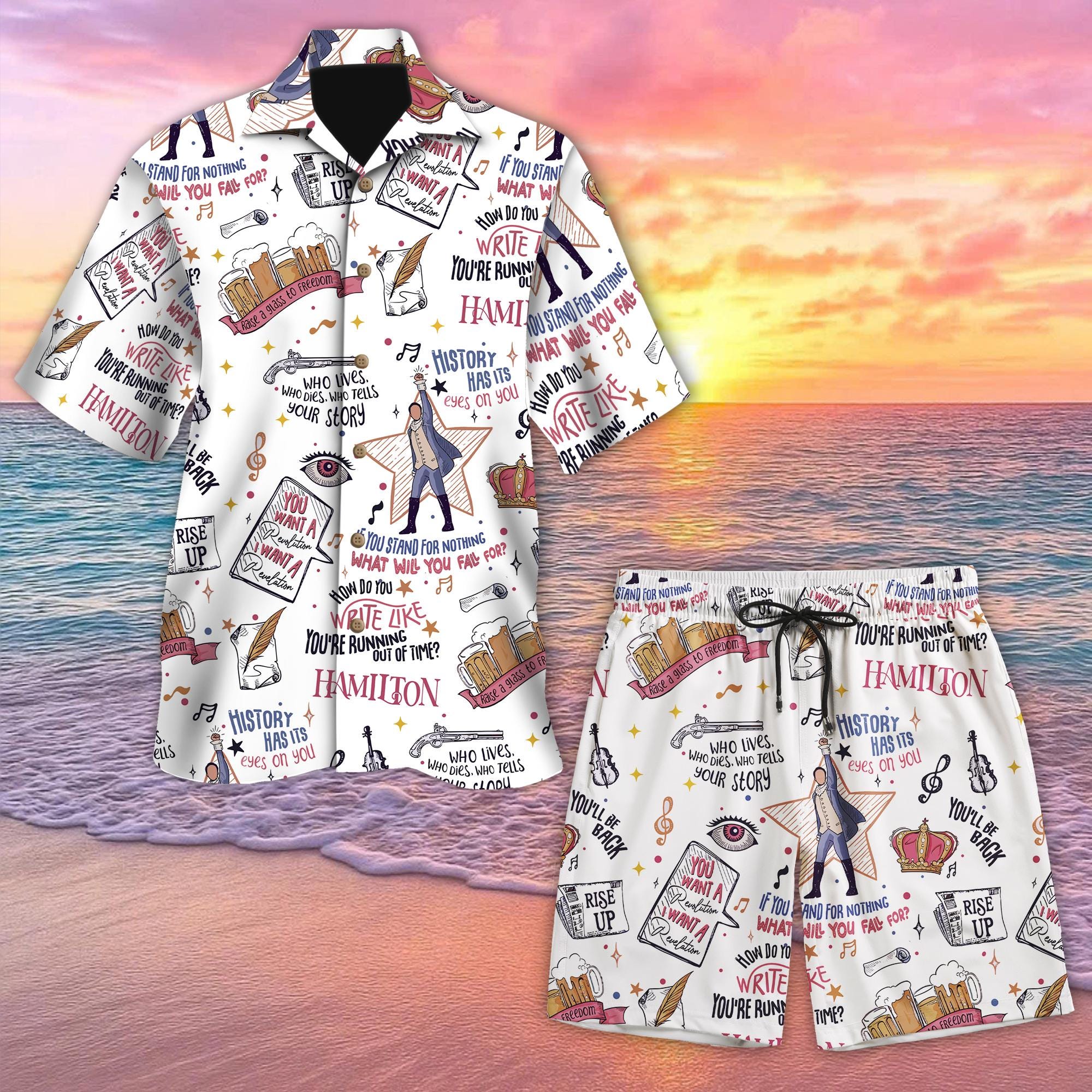 Discover Hamil-ton Musical Hawaiian Shirt and Short, Alexander Button Shirt, Funny Theater Parody Characters Shirt, Summer Vacation Outfit, Broadway Fan Gift