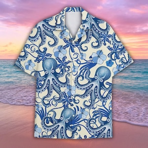 Camisa hawaiana de pulpo, camisa con botones del océano, regalos para hombres y mujeres, camisa de criatura marina, camisa tropical náutica de pulpo Aloha