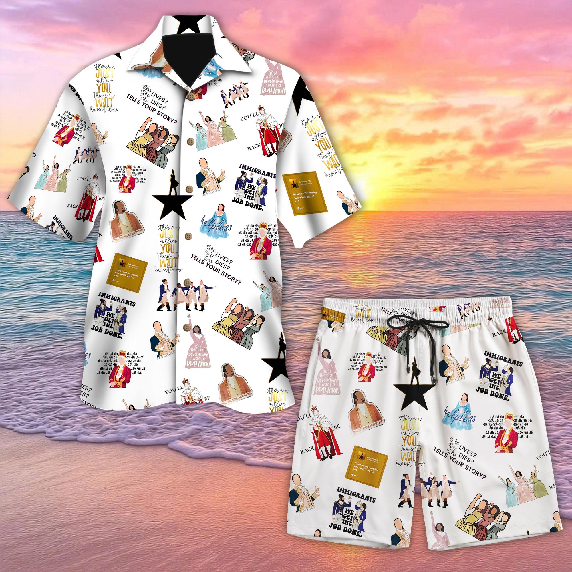 Discover Hamil-ton Broadway Musical Hawaiian Shirt and Short, Cartoon Historical Characters Aloha Shirt, Funny Theater Parody Button Up, Summer Vacation Gift