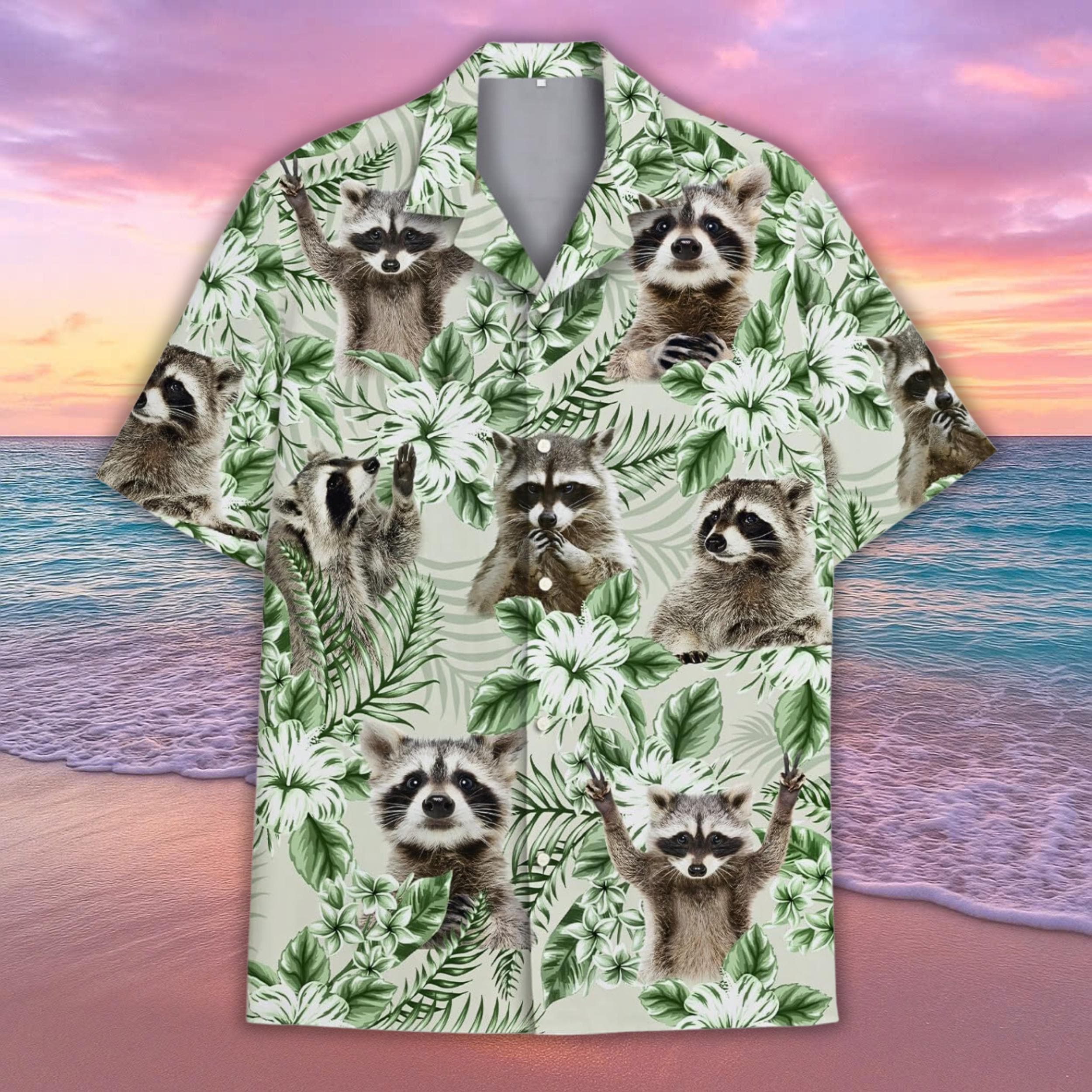 Tropical Raccoon Hawaiian Shirt Men Women, Hibiscus Raccoon Tee, Animal Button Up Shirt, Floral Beach Shirt, Summer Trip Outfit