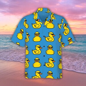 Rubber Yellow Duck Hawaiian Shirt, Summer Vacation Shirt for Men Women and Youth, Cute Duck Button Up Casual Aloha Short Sleeve Shirt