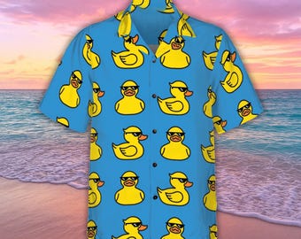 Rubber Yellow Duck Hawaiian Shirt, Summer Vacation Shirt for Men Women and Youth, Cute Duck Button Up Casual Aloha Short Sleeve Shirt
