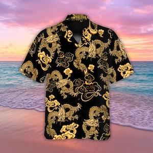 Black Gold Dragon Hawaiian Shirt for Men Women, Summer Beach Outfit, Dragon Lovers Gift