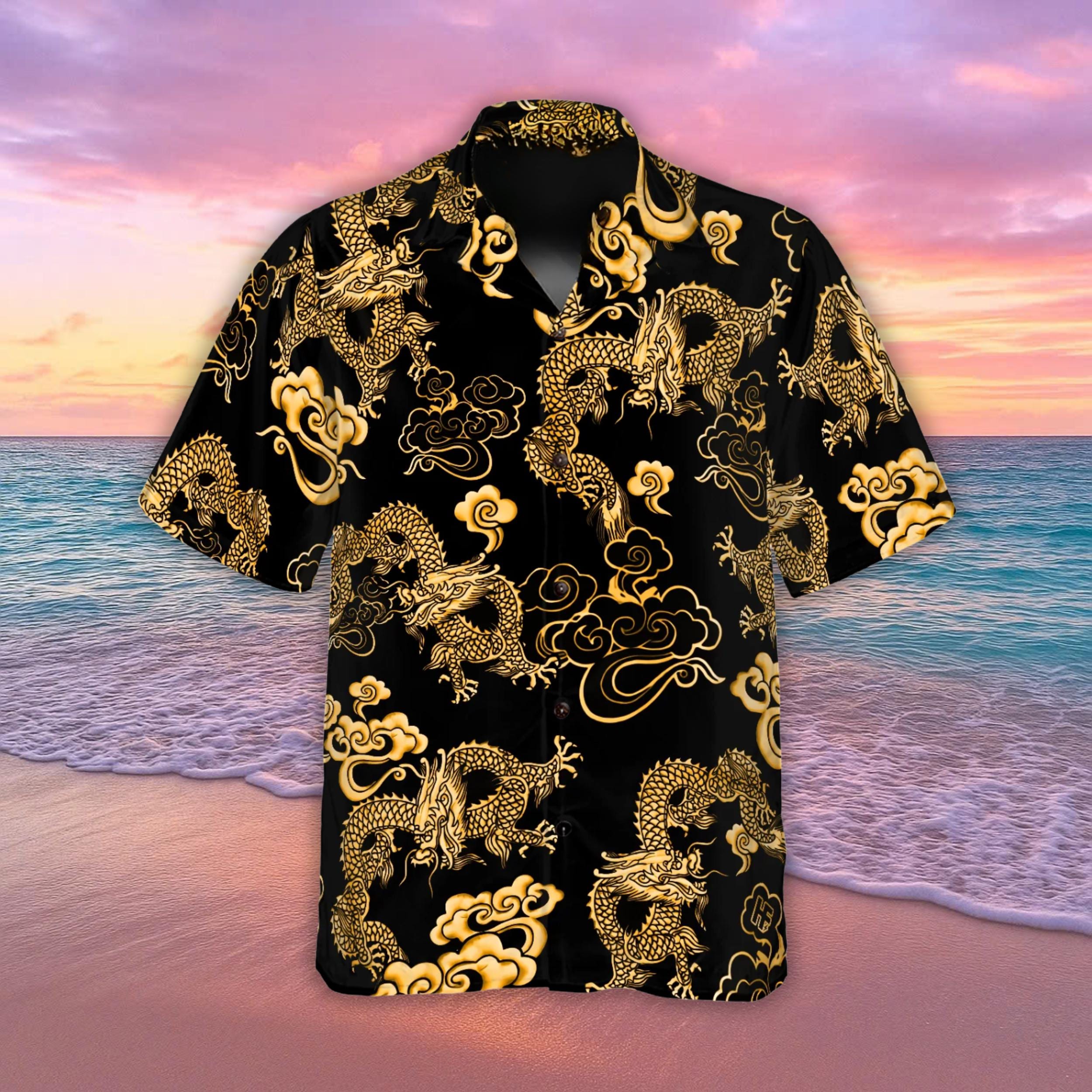 Black Gold Dragon Hawaiian Shirt for Men Women, Summer Beach Outfit, Dragon  Lovers Gift