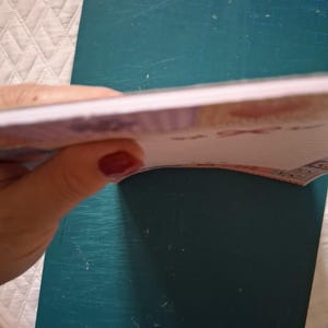 Puede incluir: Un bloc de notas rectangular con un borde de papel blanco y una cubierta estampada con un dise&ntilde;o de tonos claros. El bloc de notas se mantiene abierto para mostrar p&aacute;ginas rayadas, con una pila de hojas unidas por el borde superior.