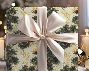 Papel de regalo navideño con elegante diseño de pino y bayas / Rollo de papel de regalo navideño / Diseño invernal en verde y dorado / Decoración navideña rústica de lujo