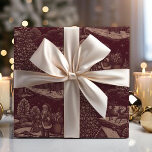 Vinetage Toile Santa Christmas Wrapping Paper, Red Toile Gift Wrap