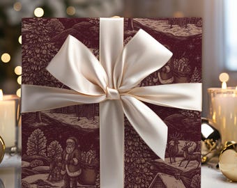 Papel de regalo navideño vintage de Toile de Papá Noel, papel de regalo de Toile rojo