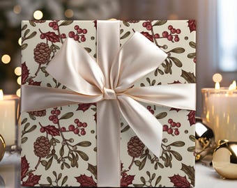 Papel de regalo navideño vintage con forma de piña de acebo / Papel de regalo navideño tradicional