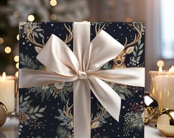 Papel de regalo navideño rústico con renos florales, azul marino oscuro
