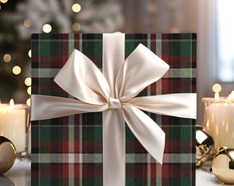 Papel de regalo navideño tradicional de tartán rojo y verde / Papel de regalo clásico a cuadros / Rollo de papel de regalo navideño acogedor