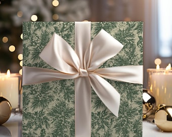 Papel de regalo navideño vintage de pino verde / Papel de regalo botánico para fiestas