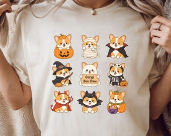 Camiseta adorable de Corgi, camiseta con estampado de cuadrícula de perro Corgi disfrazado para Halloween, regalo para amantes de los Corgis, camiseta de perro espeluznante