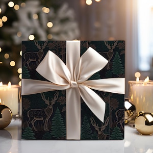 May include: A wrapped gift box with a cream-colored satin bow. The box is decorated with a dark green pattern of deer and trees. The background includes lit candles and Christmas tree lights, creating a festive holiday scene.