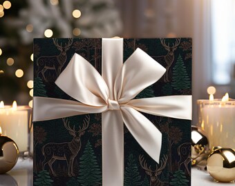Papeles de regalo con estampado de bosque navideño Toile / Papel de regalo con estampado de ciervo azul marino medianoche