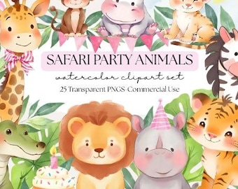 Clipart de animales de safari en acuarela: Paquete PNG de fiesta de cumpleaños (uso comercial, descarga digital)